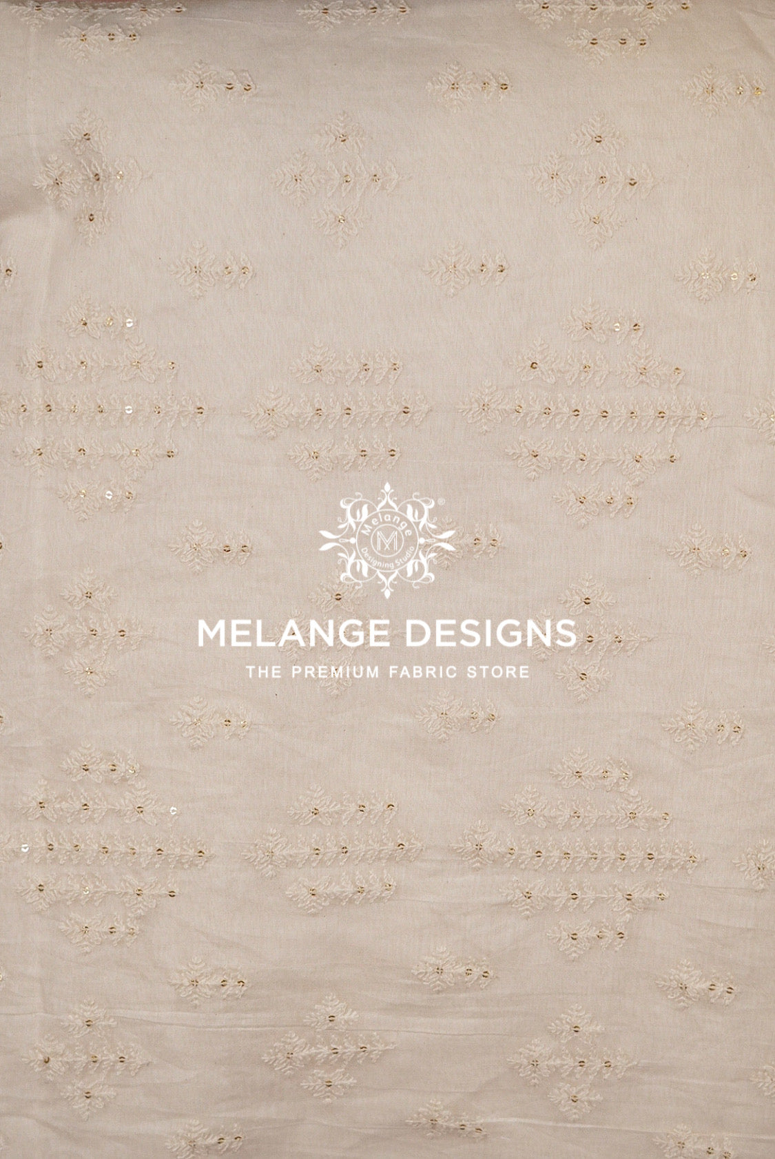 Beige Premium Cora Cotton Fabric Dyeable  with delicate gold sequin and embroidery patterns.