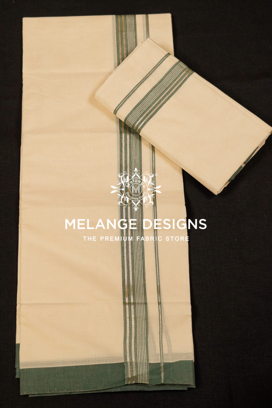 Premium Cotton Dhoti for Men Cream & Deep Green Border Full View.