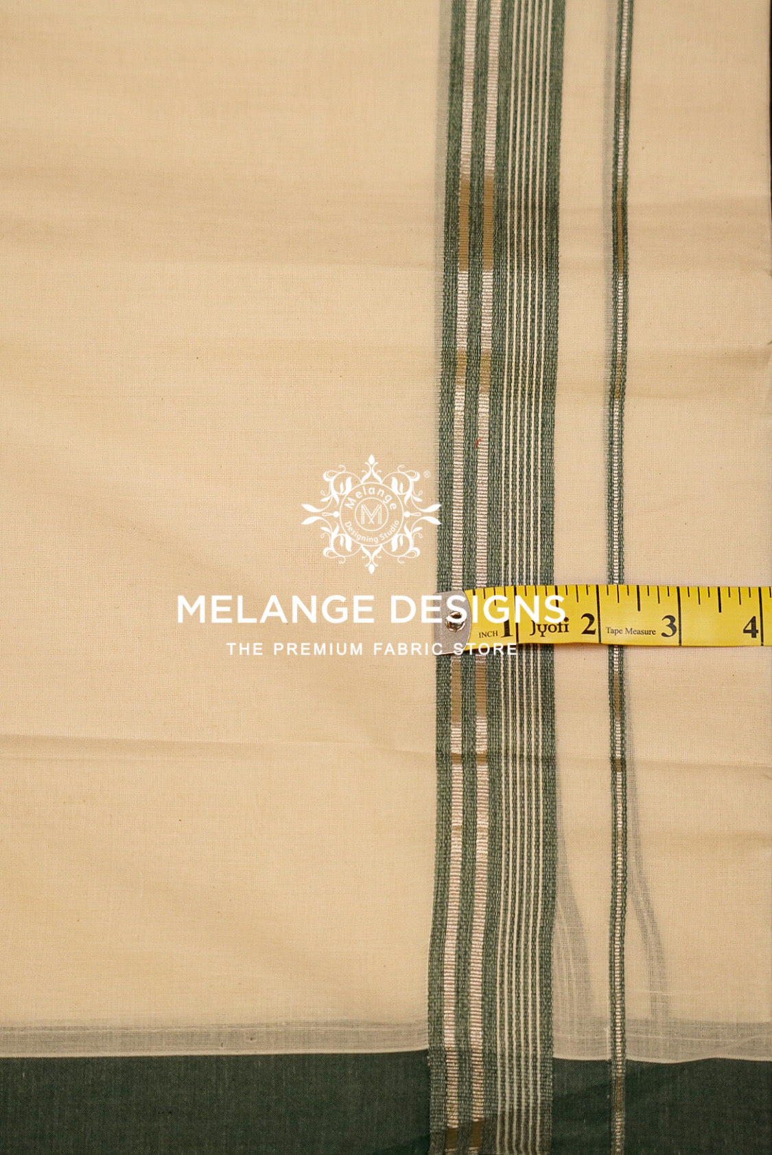 Premium Cotton Dhoti for Men Cream & Deep Green Border Close UP.