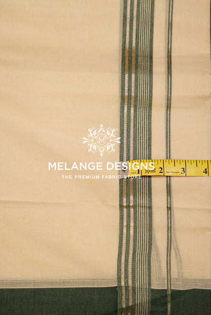 Premium Cotton Dhoti for Men Cream & Deep Green Border Close UP.