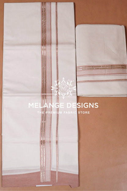 Premium Cotton Dhoti for Men White with Rose Gold