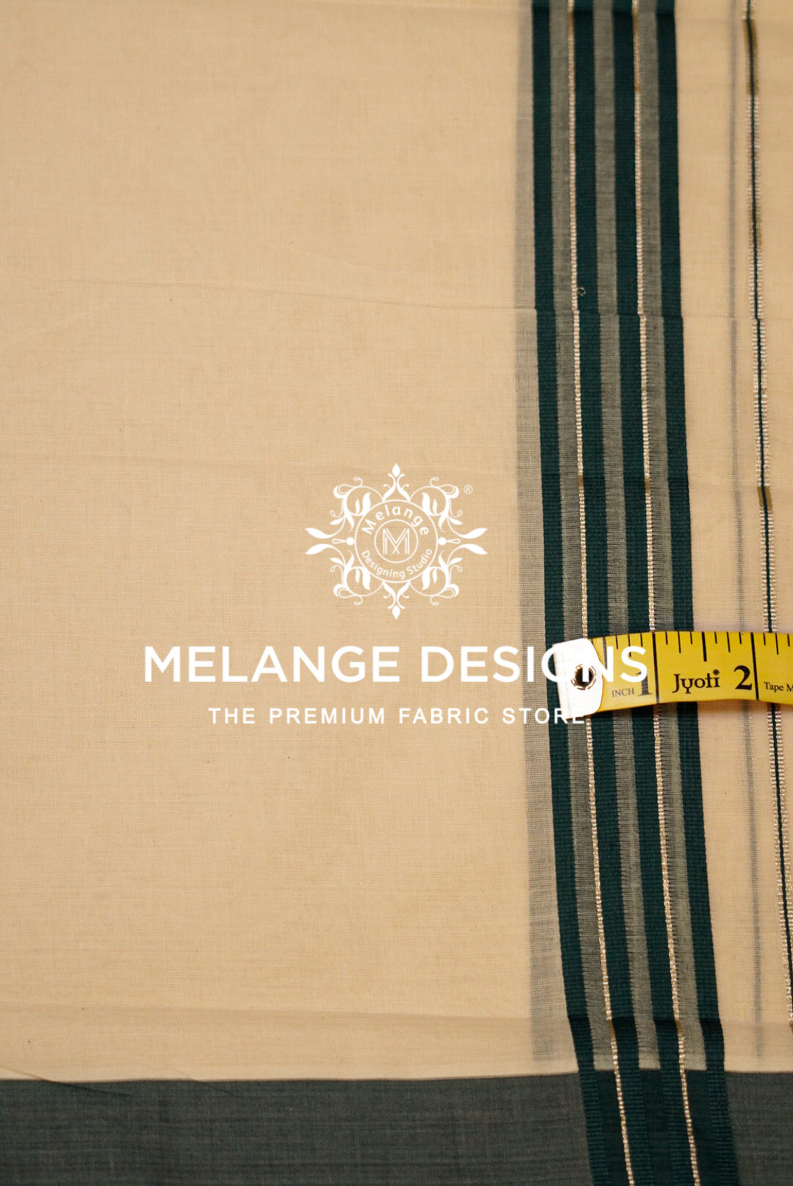 Premium Cotton Dhoti for Men Off White with Deep Teal Green Close Up.