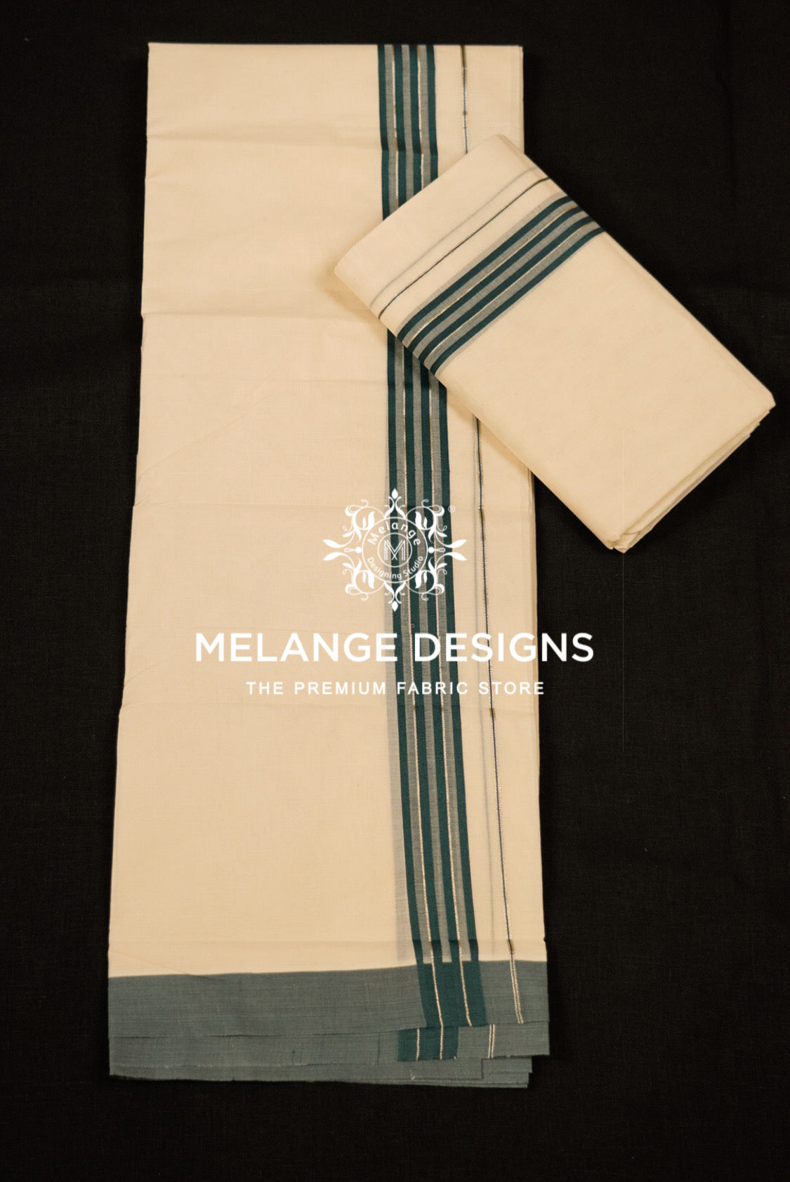 Premium Cotton Dhoti for Men Off White with Deep Teal Green Full View.