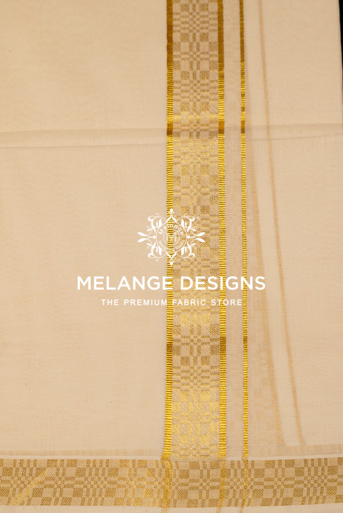 Premium Cotton Dhoti For Men Cream with Golden zari border Close View.