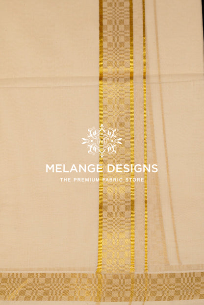 Premium Cotton Dhoti For Men Cream with Golden zari border Close View.