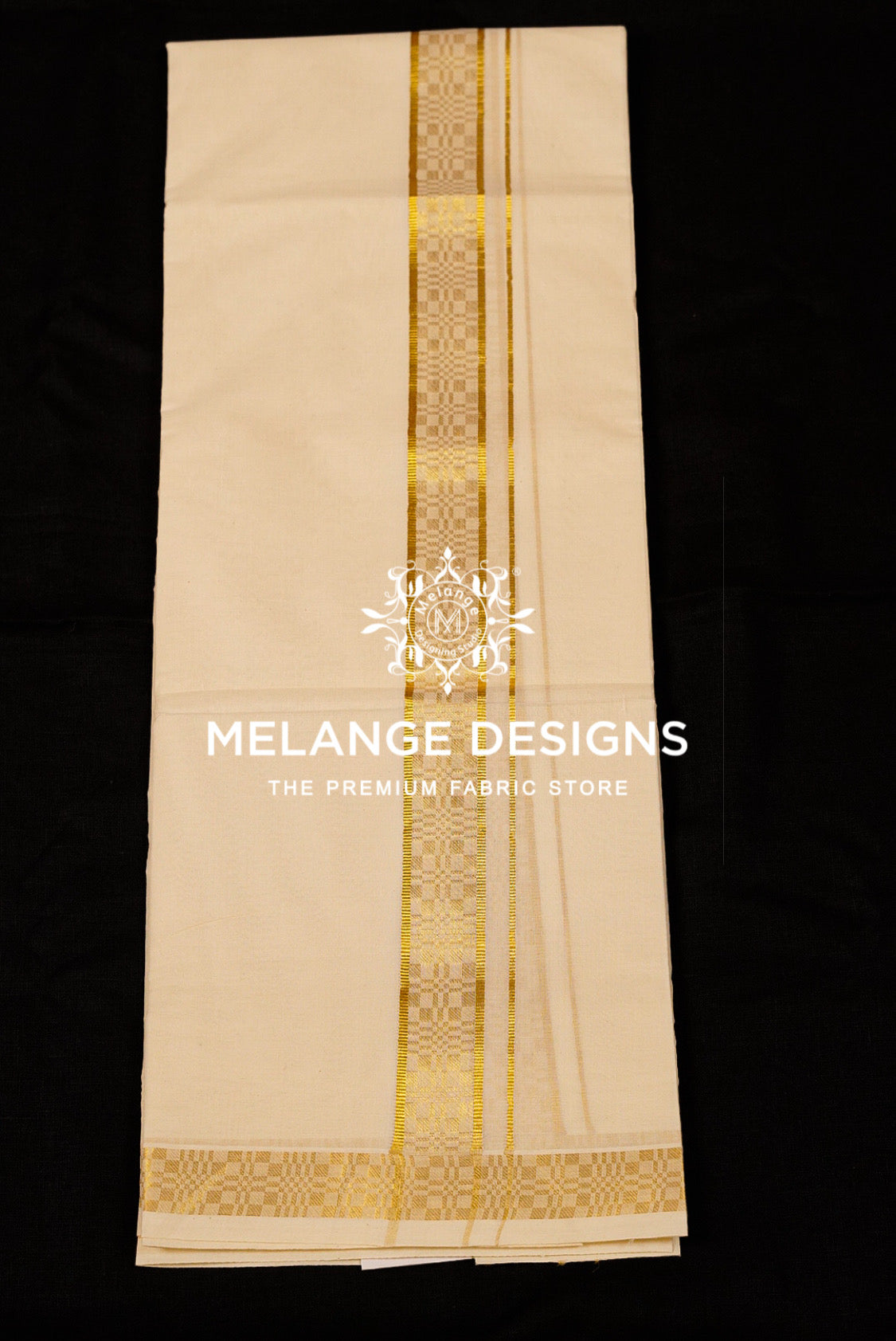 Premium Cotton Dhoti For Men Cream with Golden zari border Full View.