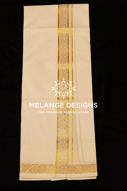 Premium Cotton Dhoti For Men Cream with Golden zari border Full View.