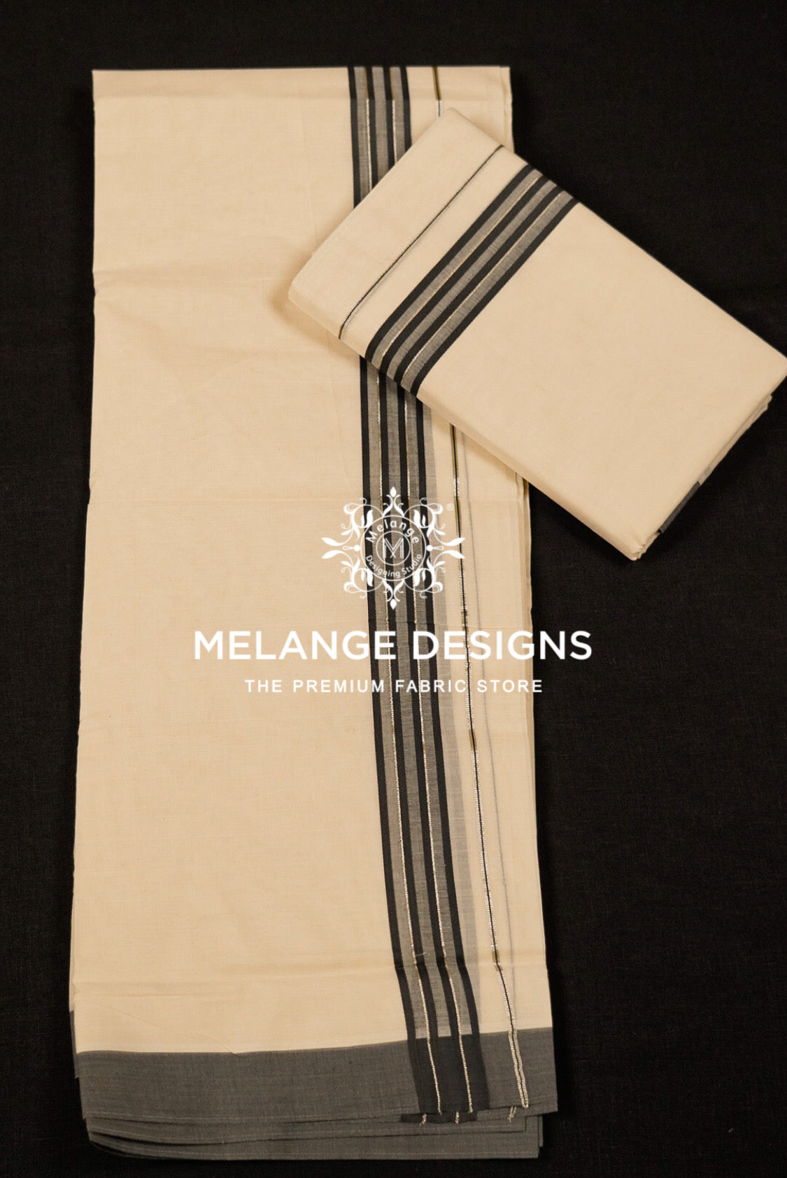 Premium Cotton Dhoti for Men Off-White with Black Full View.