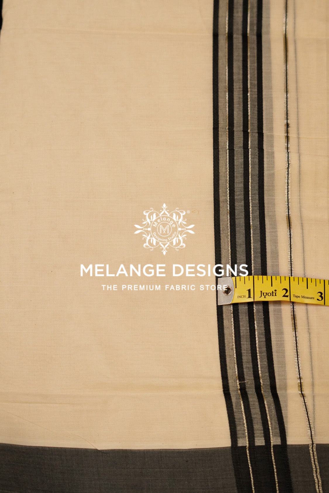Premium Cotton Dhoti for Men Off-White with Black Close Up.
