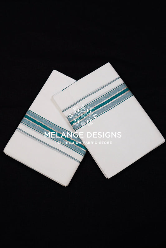 Premium Cotton Dhoti for Men White with Teal Green.