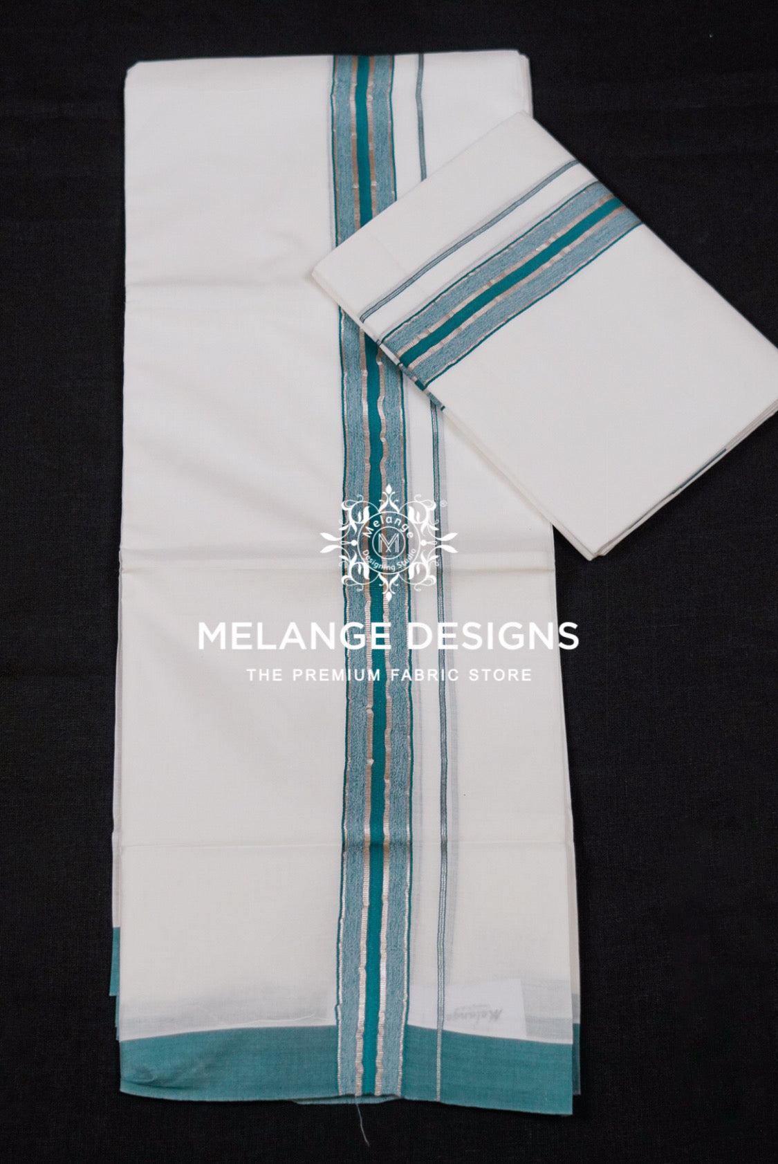 Premium Cotton Dhoti for Men White with Teal Green Full View.