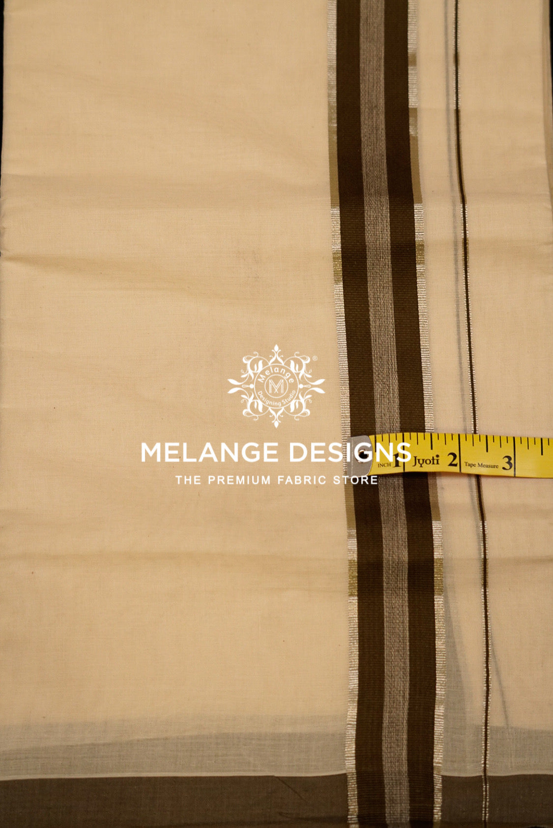 Premium Cotton Dhoti for Men Off-White with Coffee Brown Close Up.