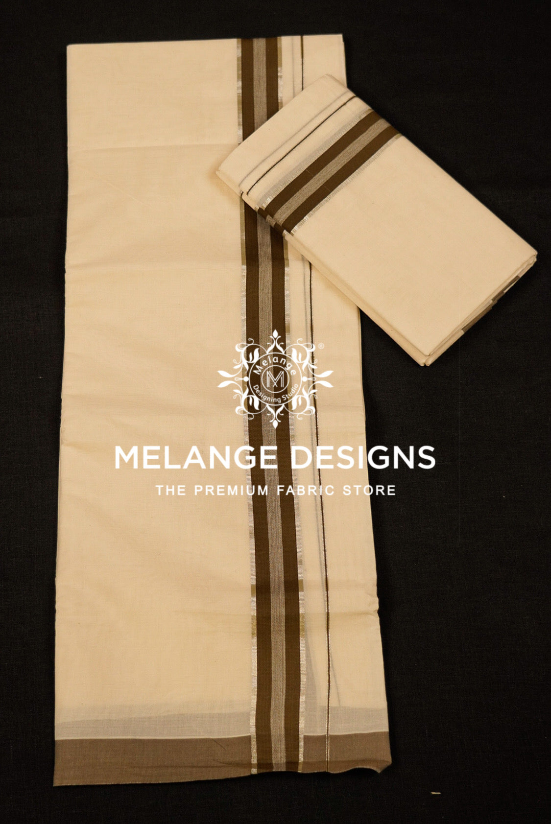 Premium Cotton Dhoti for Men Off-White with Coffee Brown Full View.