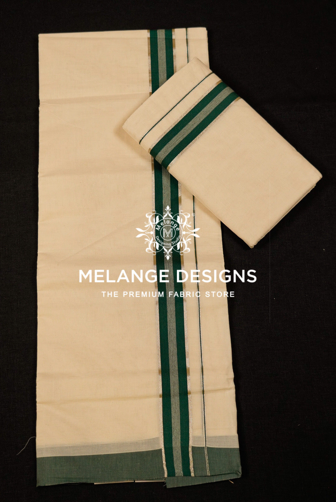 Premium Cotton Dhoti for Men Off-White with Bottle Green Full View.