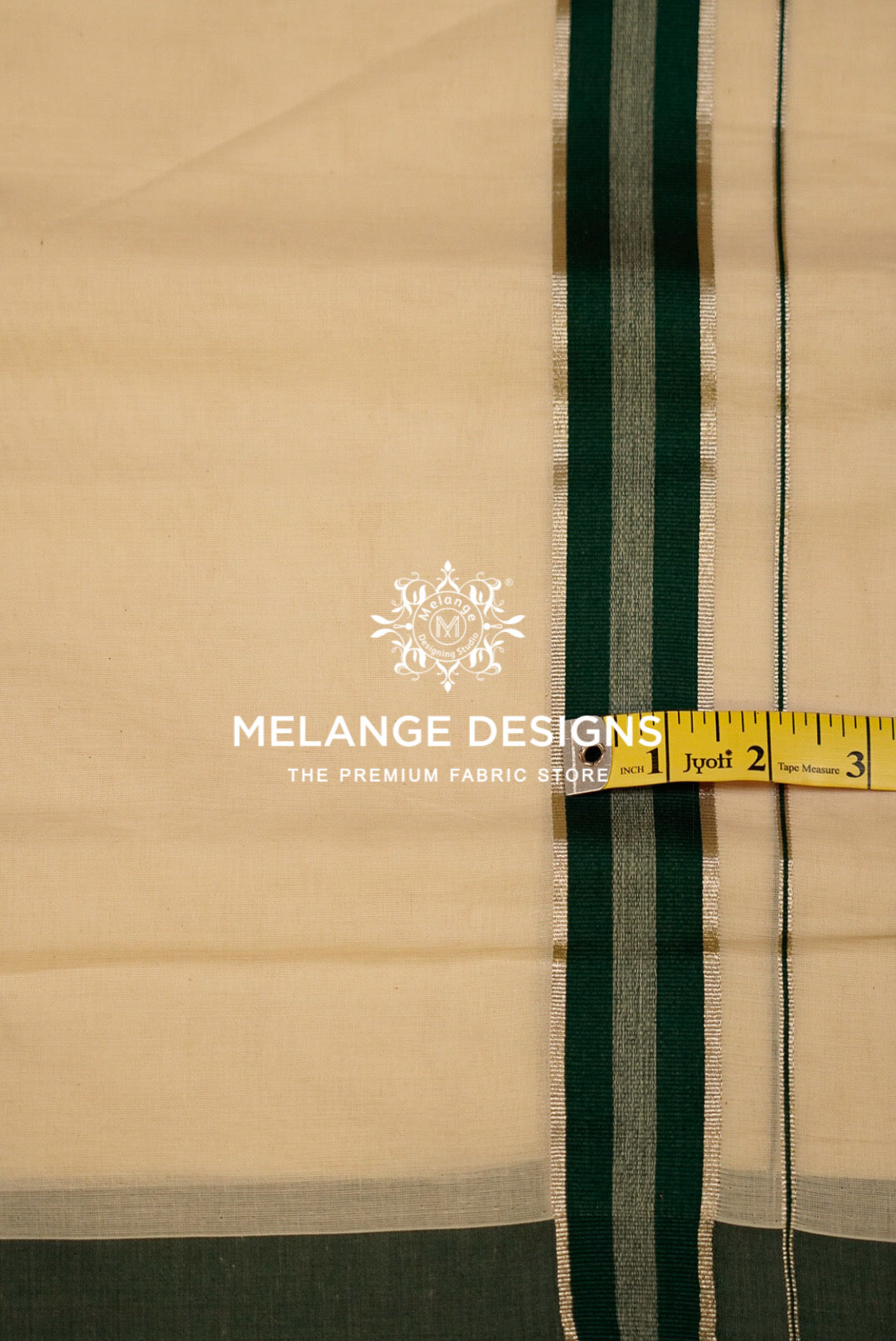 Premium Cotton Dhoti for Men Off-White with Bottle Green Close UP.