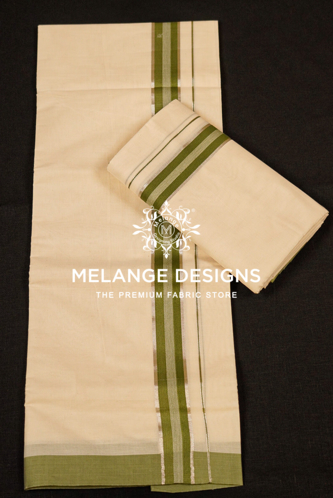 Premium Cotton Dhoti for Men Off-White with Olive Green Full View.