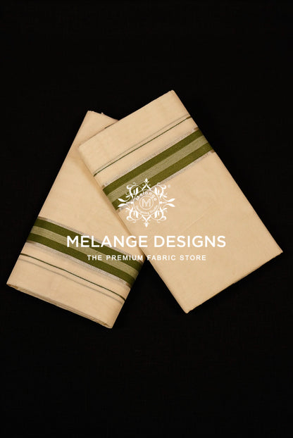 Premium Cotton Dhoti for Men Off-White with Olive Green.