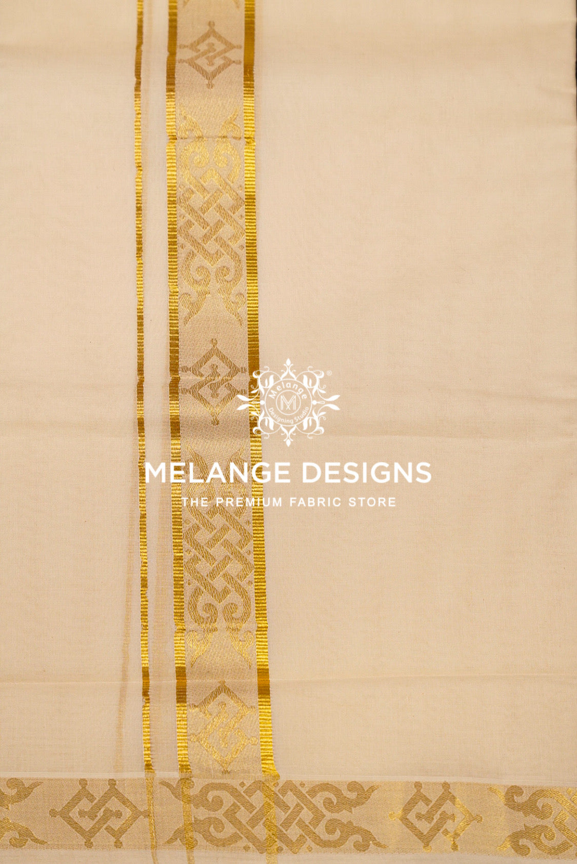 Premium Cotton Dhoti For Men Cream with Golden Zari Woven Border  Close View.