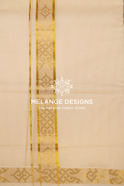 Premium Cotton Dhoti For Men Cream with Golden Zari Woven Border  Close View.
