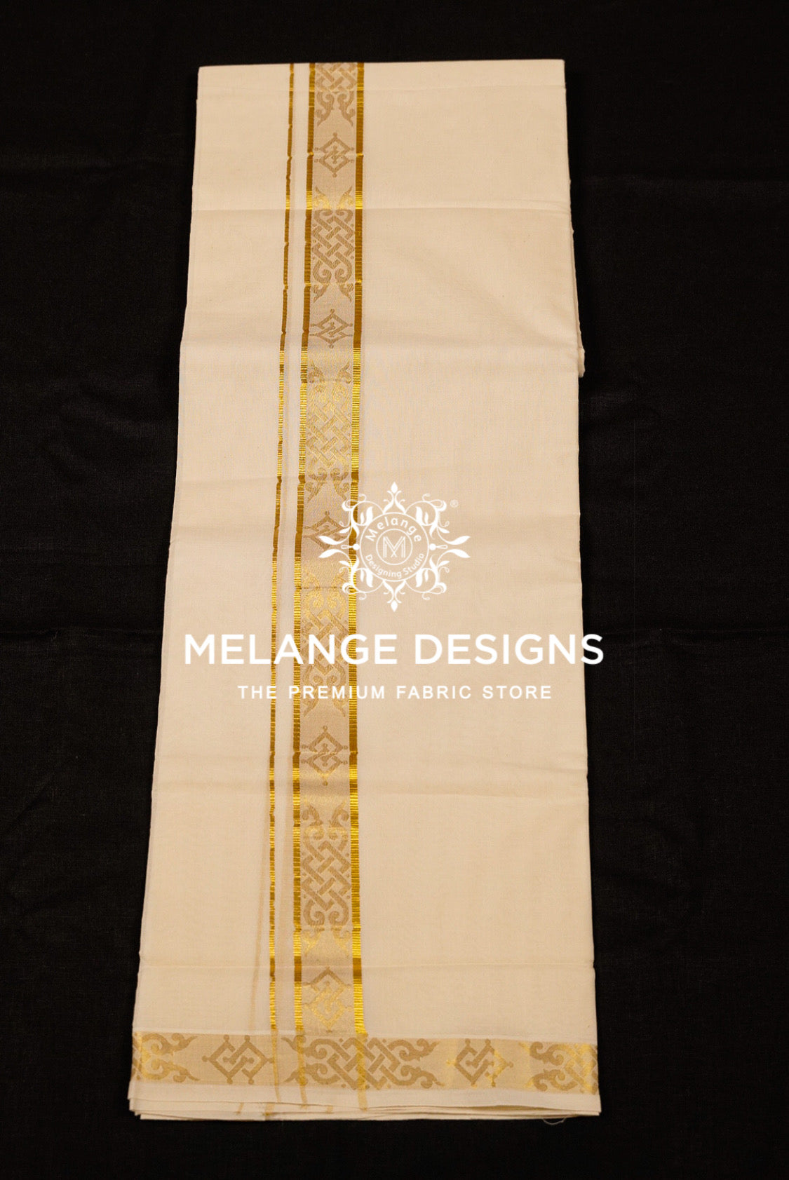 Premium Cotton Dhoti For Men Cream with Golden Zari Woven Border Full View.