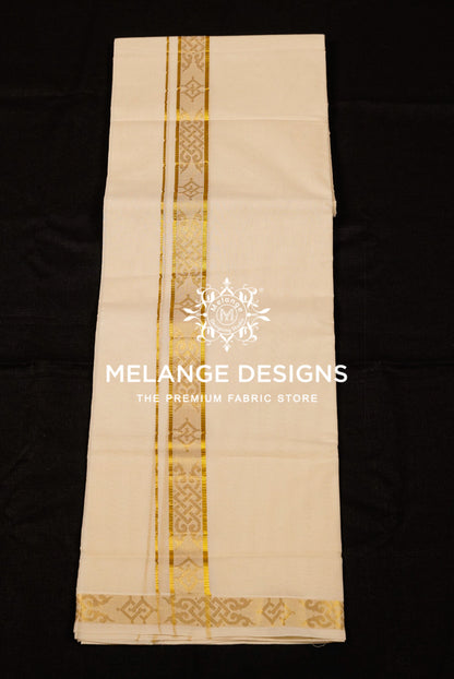 Premium Cotton Dhoti For Men Cream with Golden Zari Woven Border Full View.