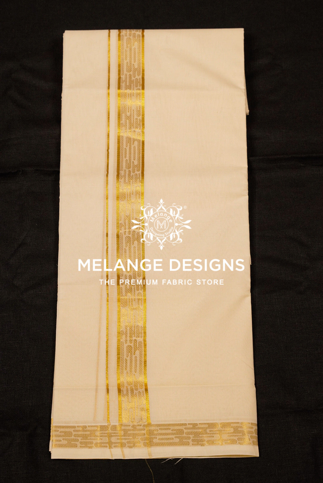 Premium Cotton Dhoti For Men Cream with Golden Zari Woven Border Full View.