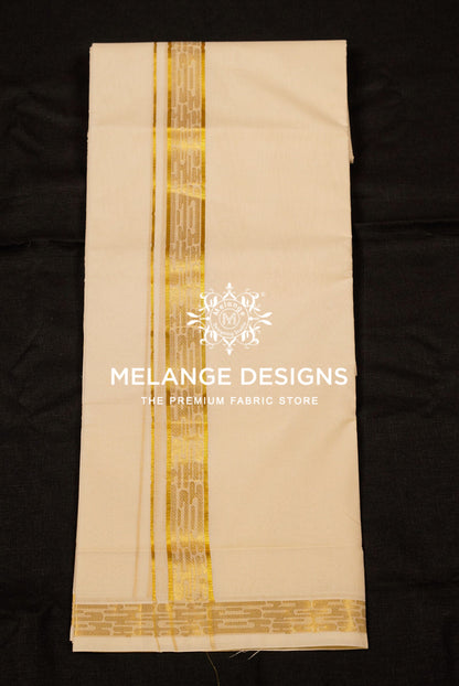 Premium Cotton Dhoti For Men Cream with Golden Zari Woven Border Full View.