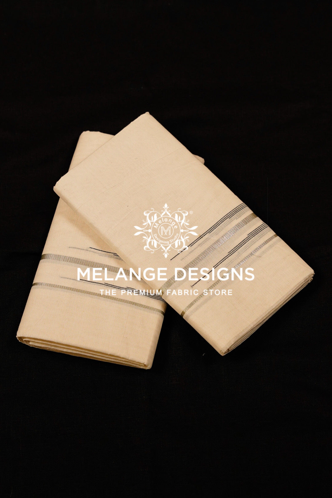Premium Cotton Dhoti For Men Off White with Silver-Grey and Black linear border.