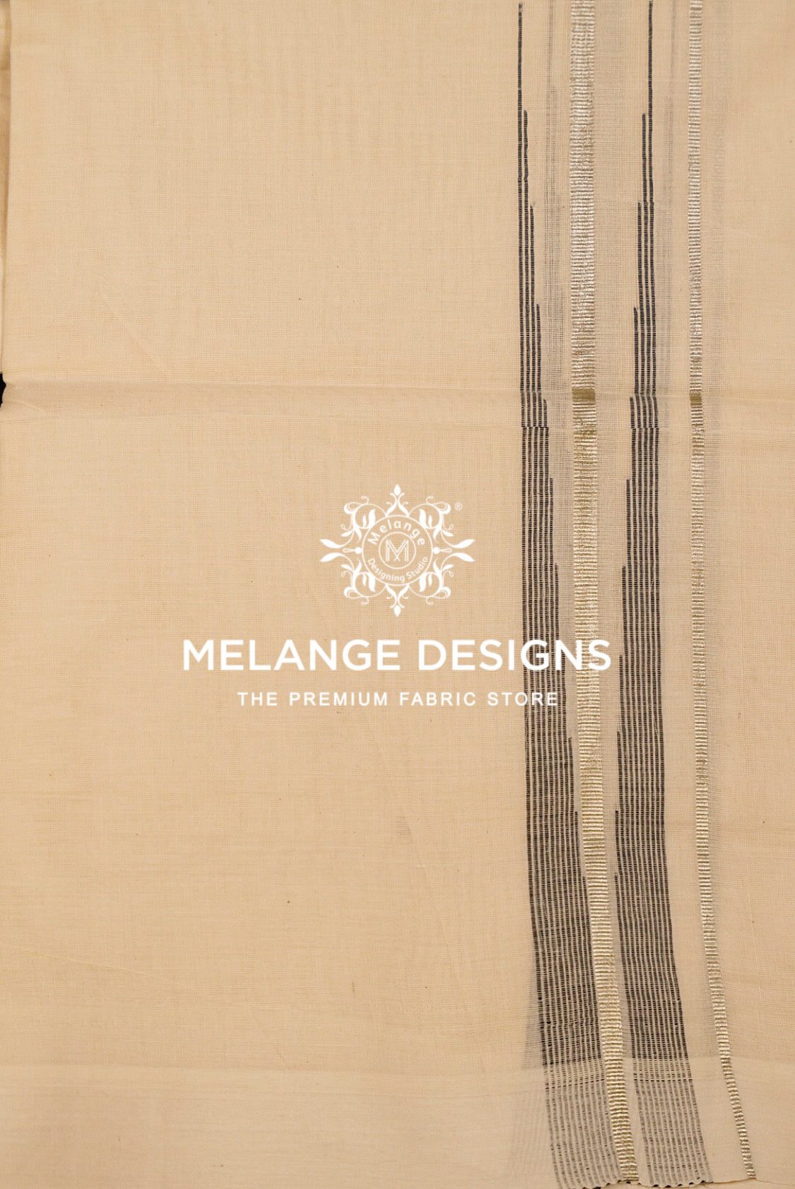 Premium Cotton Dhoti For Men Off White with Silver-Grey and Black linear border Close View.