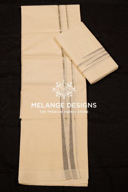 Premium Cotton Dhoti For Men Off White with Silver-Grey and Black linear border Full View.