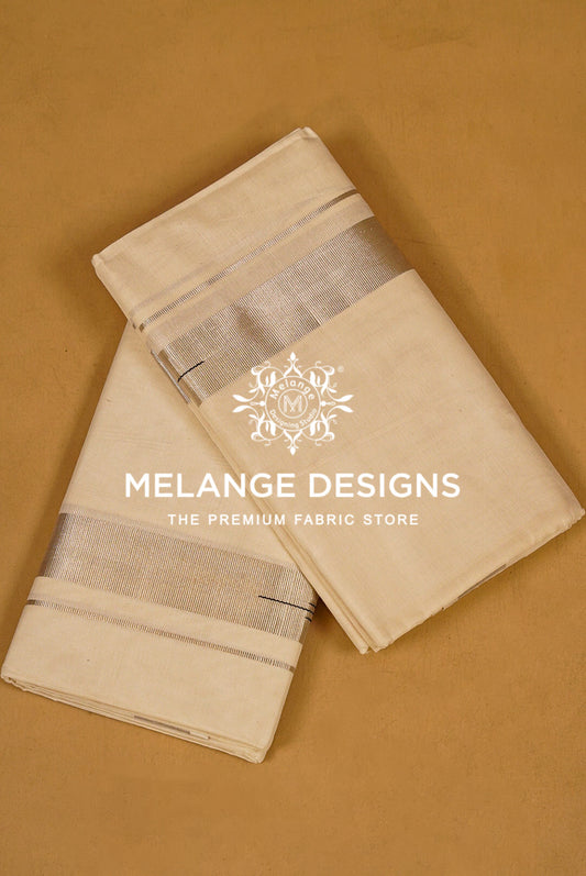 Two folded beige fabric pieces with metallic silver stripes.