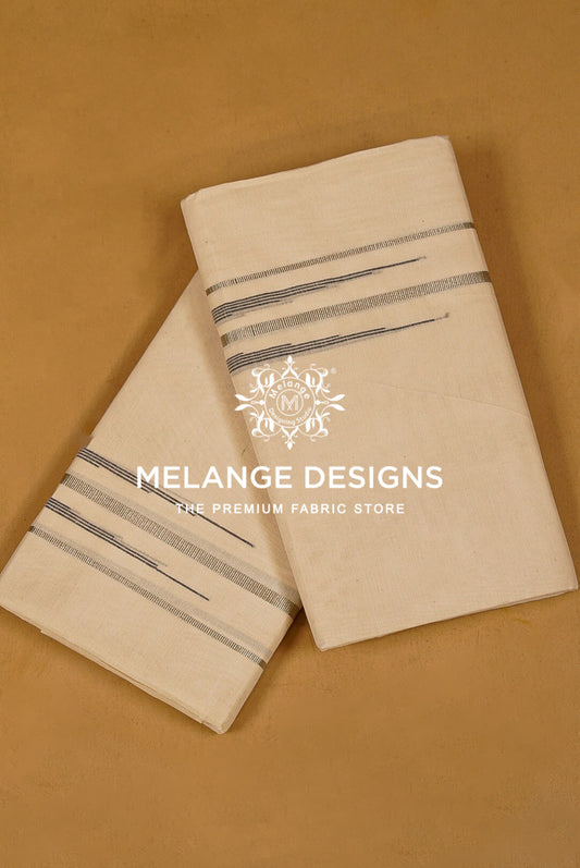 Two folded cream-colored cotton fabrics with thin dark gray stripes.
