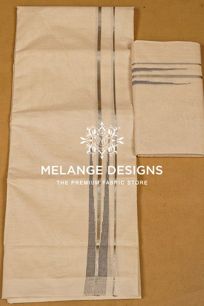 A folded beige fabric piece with vertical metallic silver stripes, shown alongside a smaller matching folded .