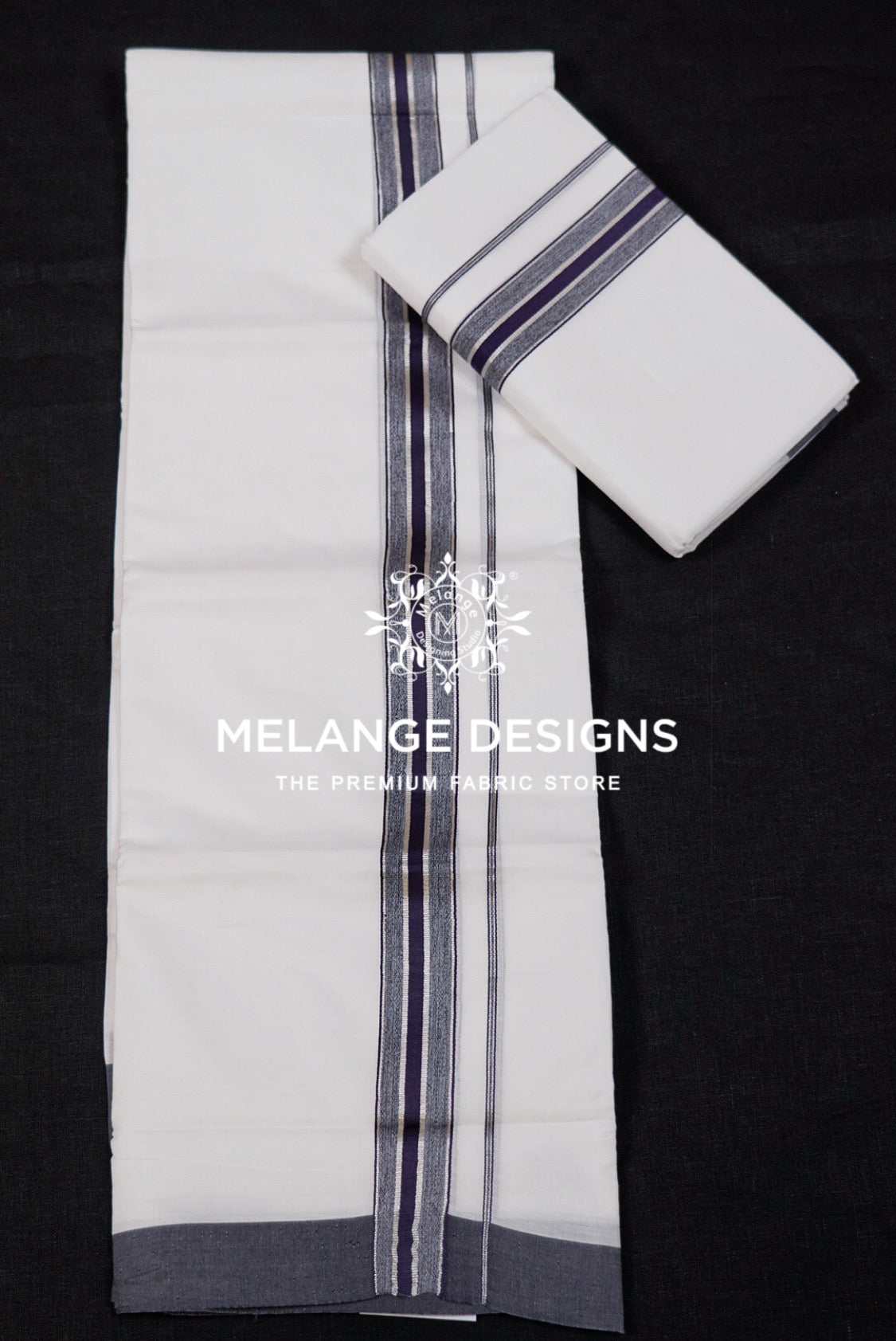 Premium Cotton Dhoti for Men White with Grey Striped Border Full View.