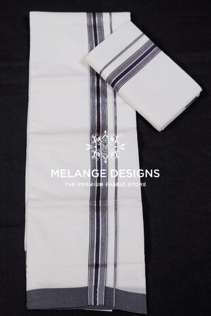 Premium Cotton Dhoti for Men White with Grey Striped Border Full View.