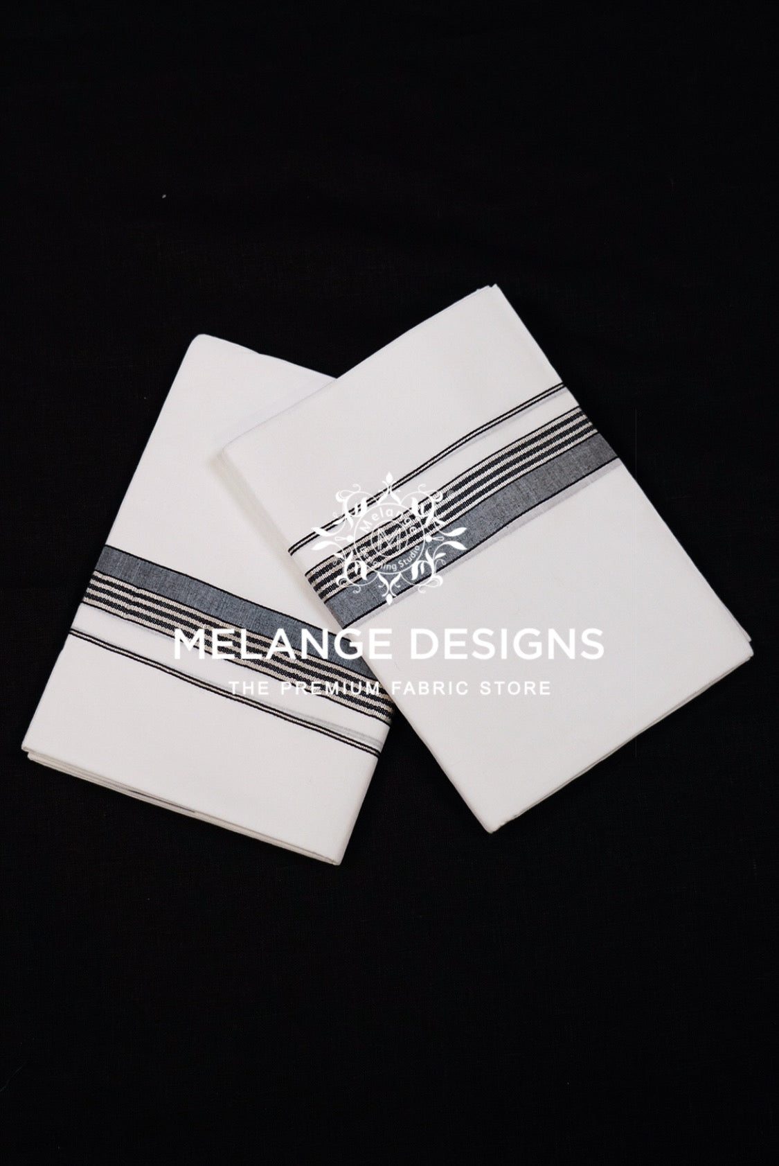 Premium Cotton Dhoti For Men White with Charcoal Grey & Black Striped Border.