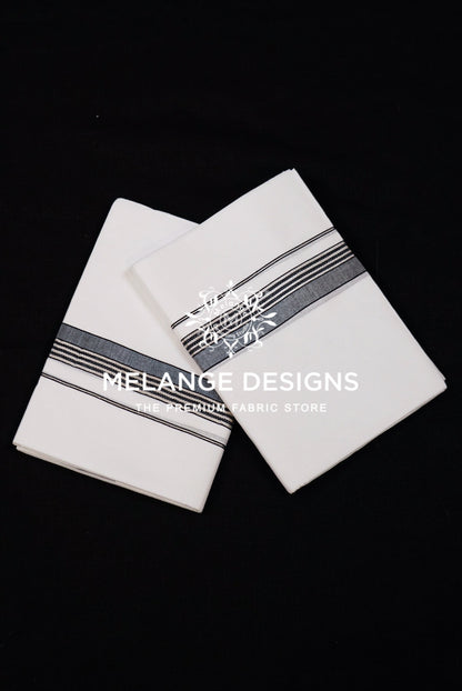 Premium Cotton Dhoti For Men White with Charcoal Grey & Black Striped Border.