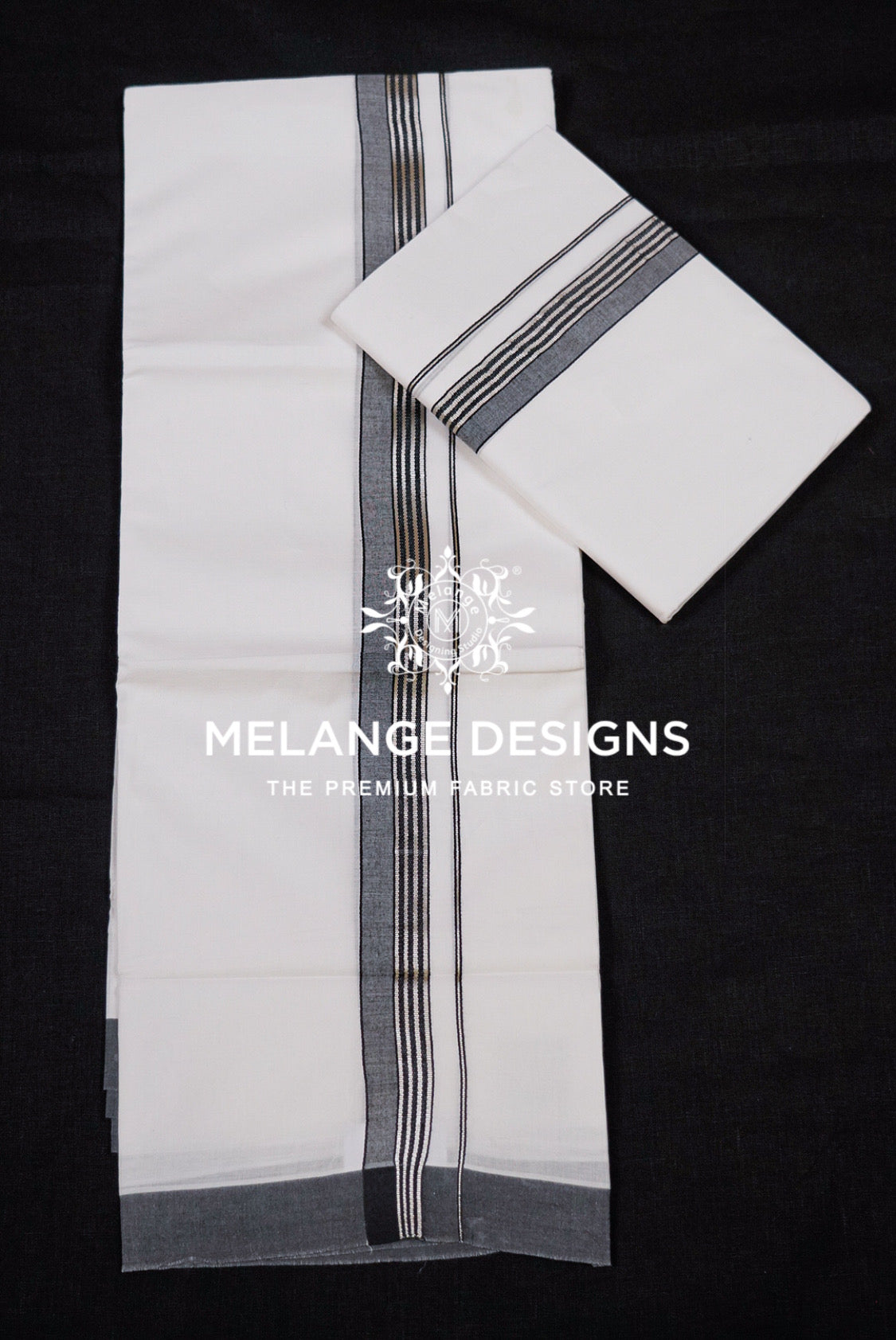 Premium Cotton Dhoti For Men White with Charcoal Grey & Black Striped Border Full View.