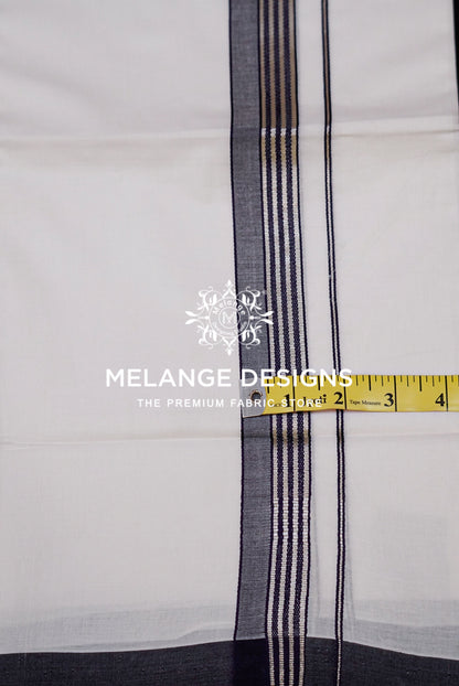 Premium Cotton Dhoti For Men White with Charcoal Grey Close Up.
