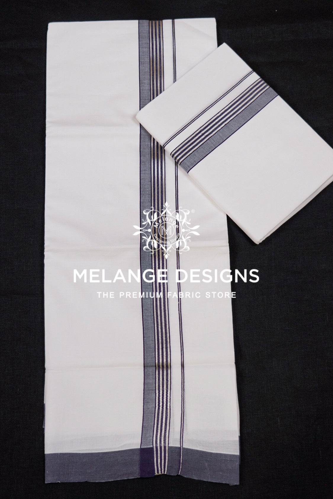 Premium Cotton Dhoti For Men White with Charcoal Grey Full View.