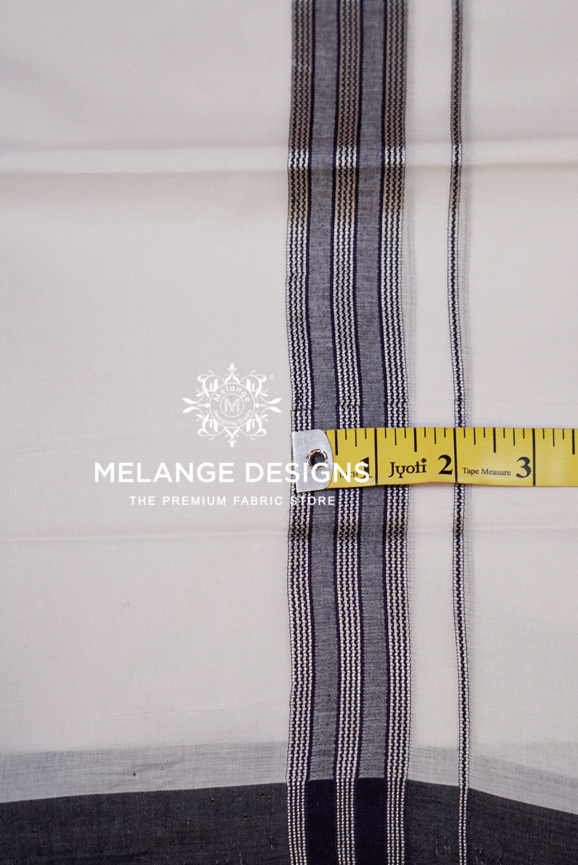 Premium Cotton Dhoti For Men White with Charcoal Grey & Black Close Up.