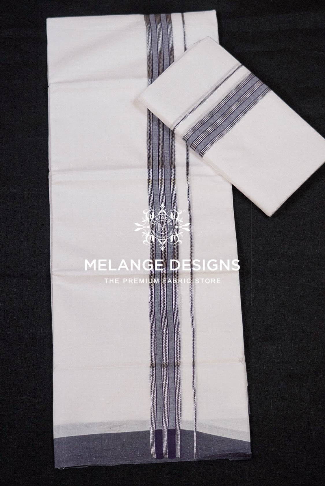 Premium Cotton Dhoti For Men White with Charcoal Grey & Black Full View.