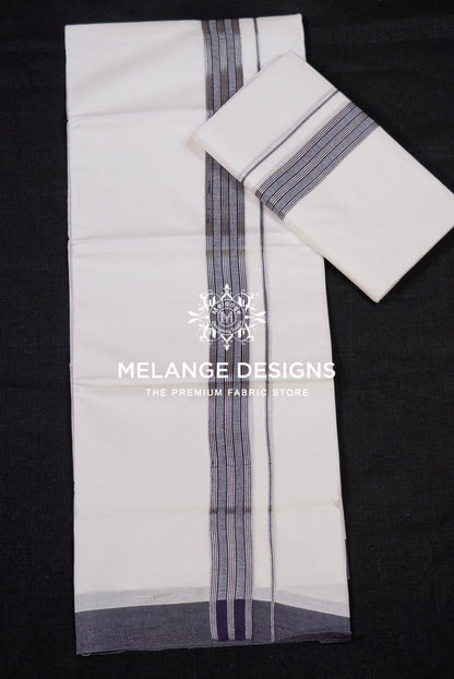 Premium Cotton Dhoti For Men White with Charcoal Grey & Black Full View.