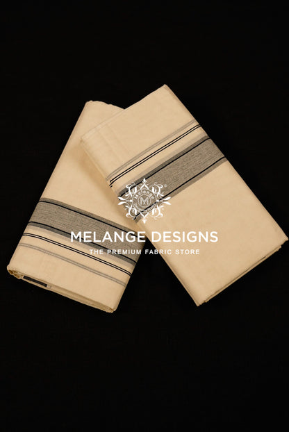 Premium Cotton Dhoti For Men Cream with Charcoal Grey and Black striped kara Border .