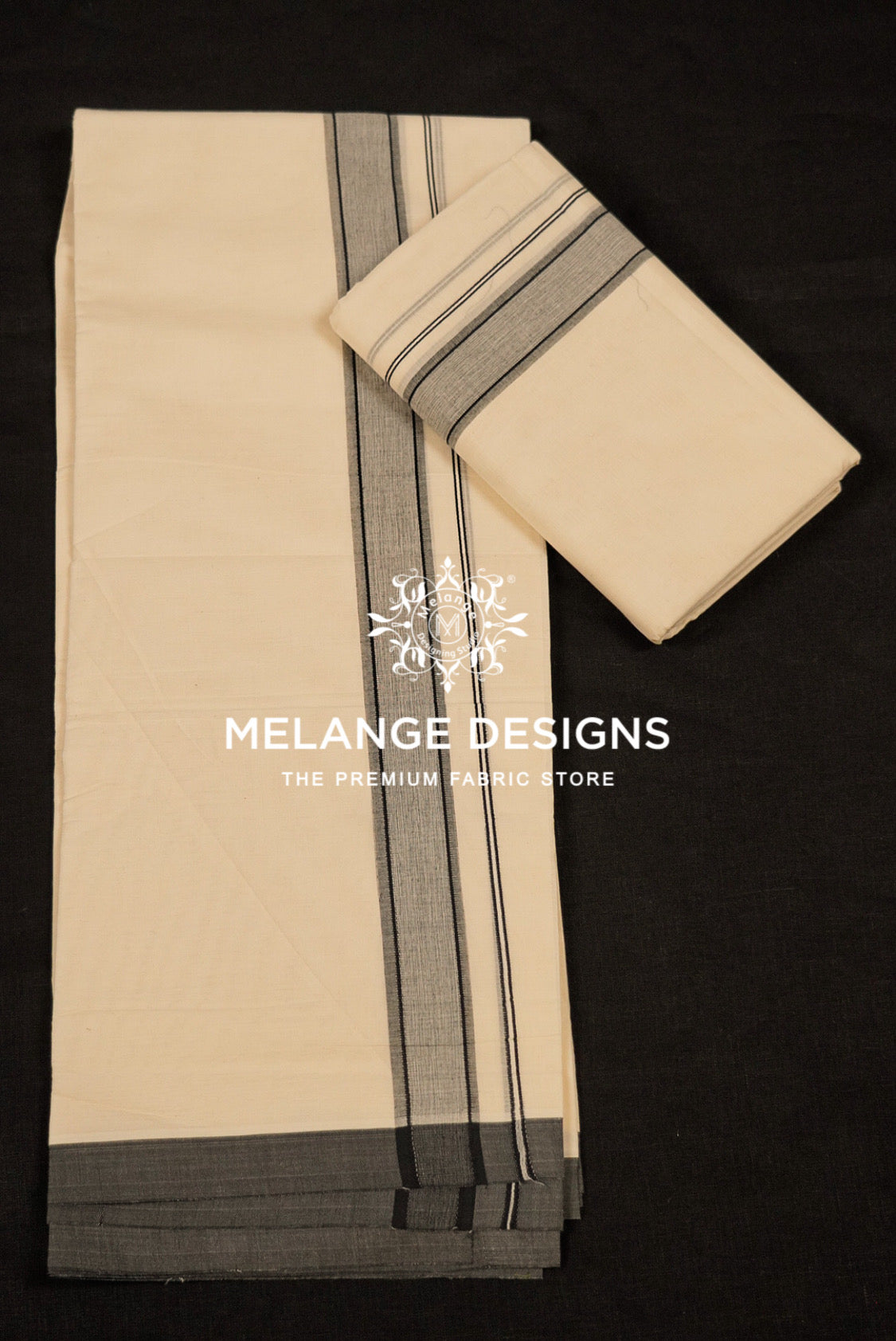 Premium Cotton Dhoti For Men Cream with Charcoal Grey and Black striped kara Border Full View.