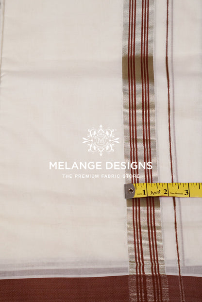 Premium Cotton Dhoti For Men Ivory White with Rust Red Close Up.