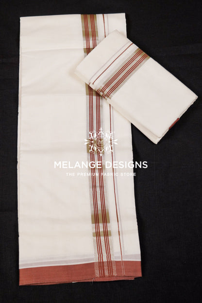 Premium Cotton Dhoti For Men Ivory White with Rust Red Full View.