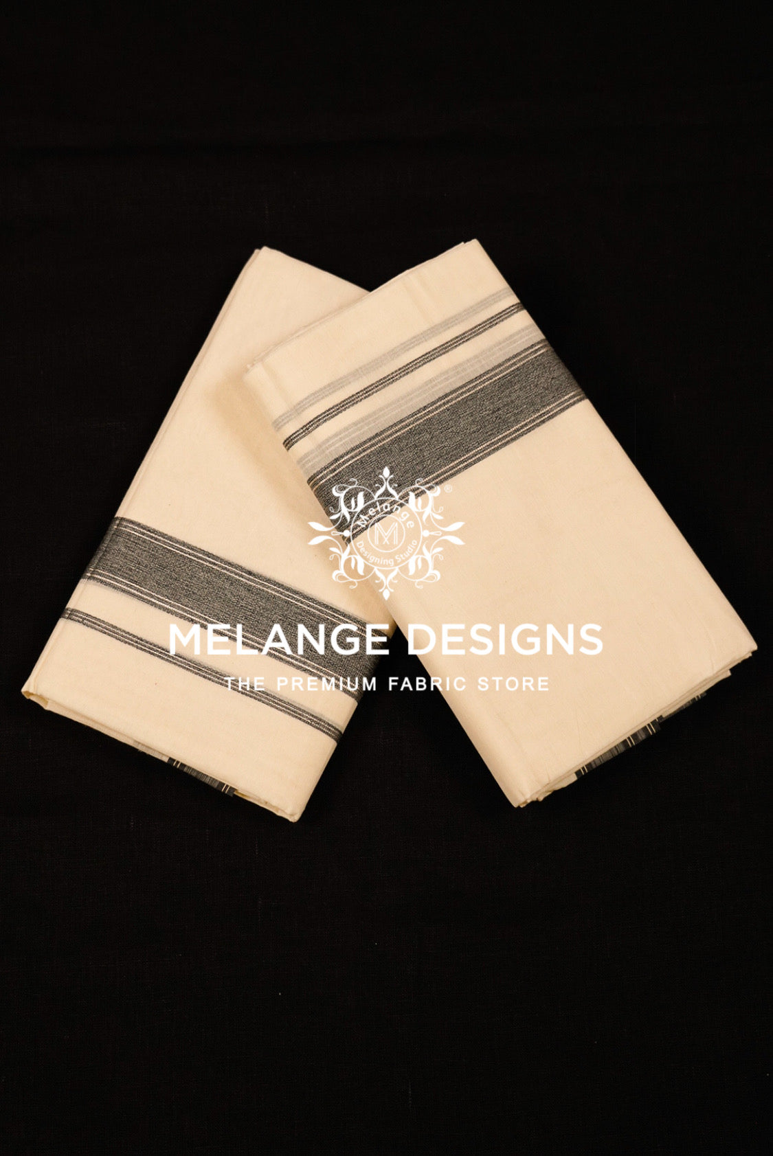 Premium Cotton Dhoti For Men Cream with Charcoal Grey Stripe Border .