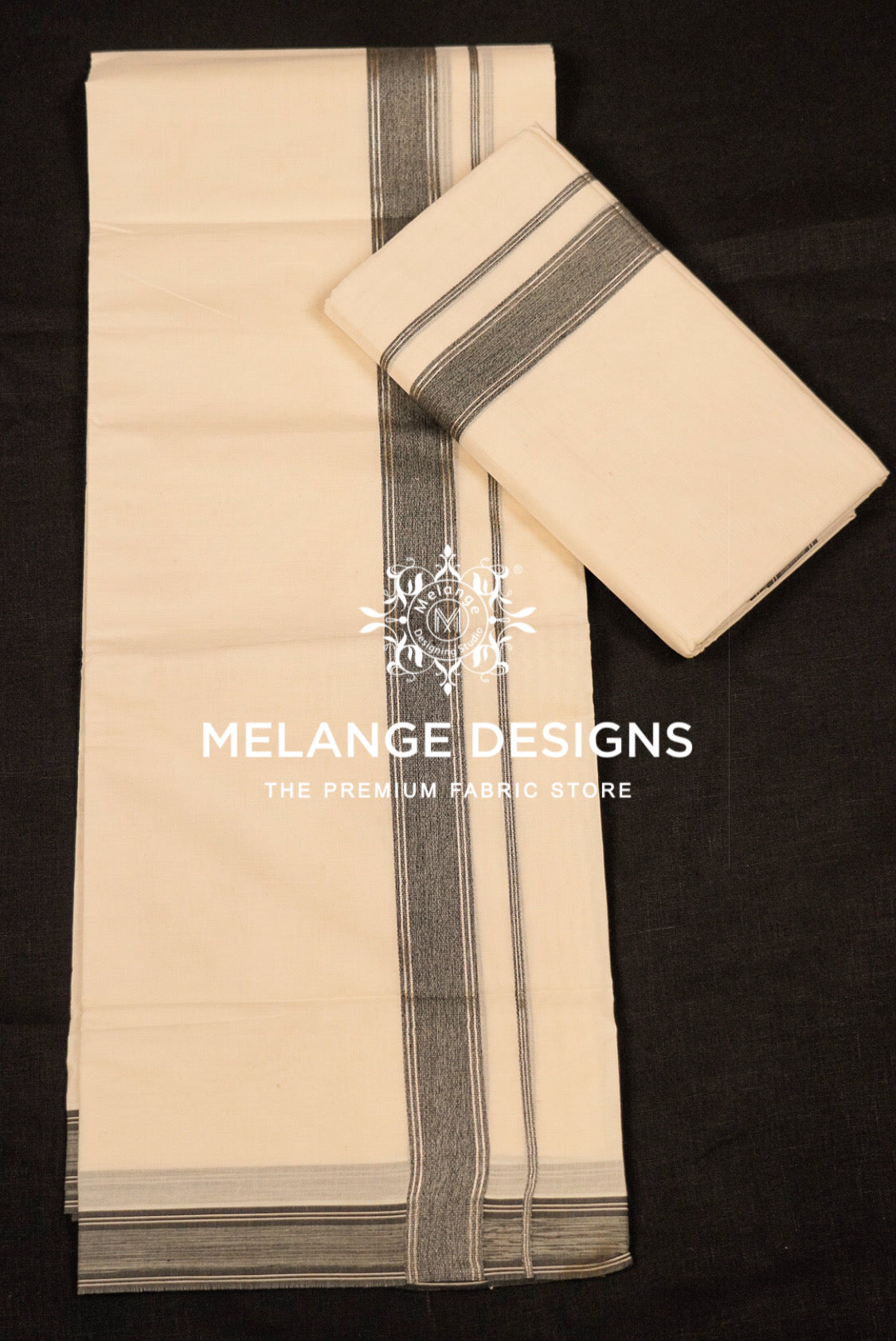 Premium Cotton Dhoti For Men Cream with Charcoal Grey Stripe Border Full View.