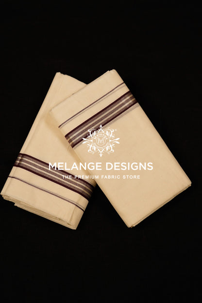Premium Cotton Dhoti For Men Cream with Maroon Multi-Stripe Border .
